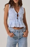 Astr The Label Tie Front Tiered Hem Top In White Light Blue Stripe