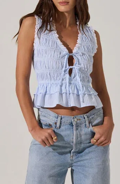Astr The Label Tie Front Tiered Hem Top In White Light Blue Stripe