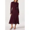 Astr The Label Tie Neck Long Sleeve Dress In Burgundy