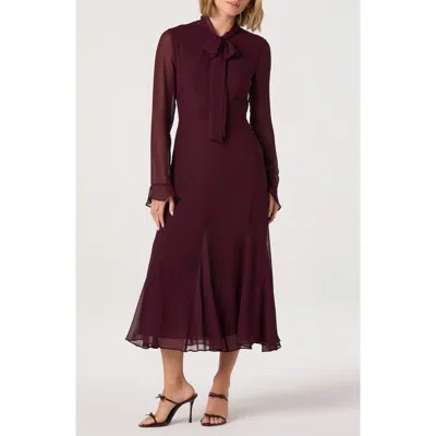 Astr The Label Tie Neck Long Sleeve Dress In Burgundy