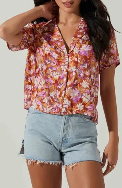 Astr The Label Tourist Floral Notched Collar Camp Shirt In Rust Magenta Floral