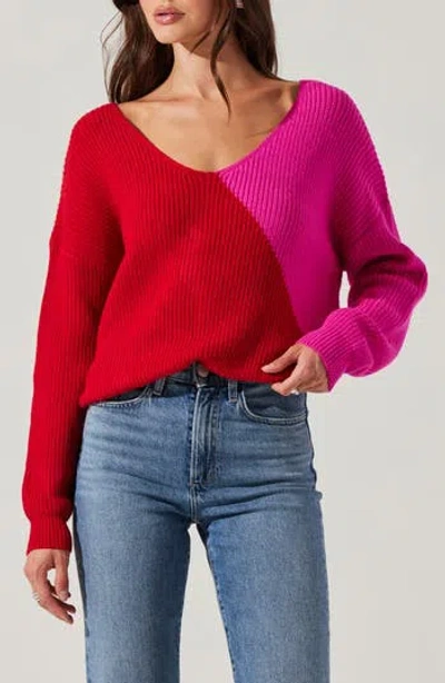 Astr The Label Two-tone Twist Sweater In Red Pink Contrast