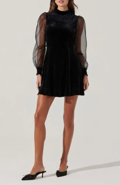 Astr The Label Velvet & Organa Sheer Sleeve Minidress In Black