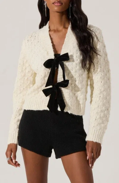 Astr The Label Velvet Bow Cardigan In Off White