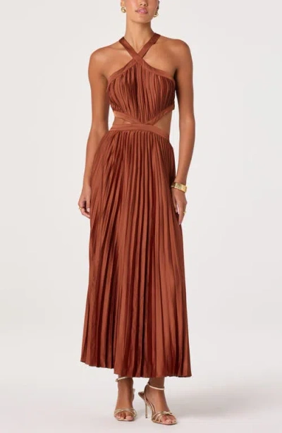 Astr The Label Vera Pleated Cutout Satin Maxi Dress In Brown