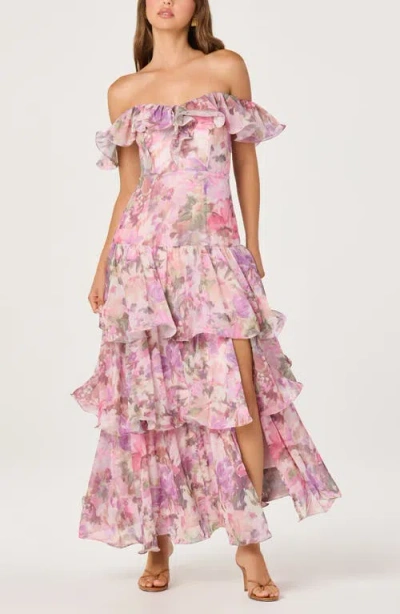 Astr The Label Wilder Floral Off The Shoulder Tiered Maxi Dress In Pink