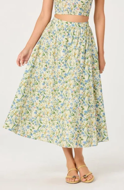 Astr Wylda Floral Gathered A-line Midi Skirt In Blue Green Multi