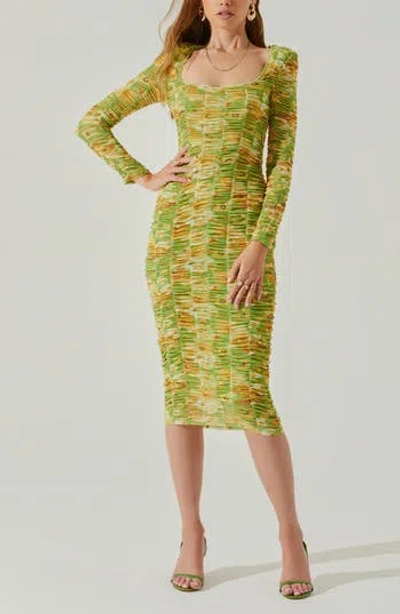 Astr The Label Yelina Floral Long Sleeve Ruched Dress In Green