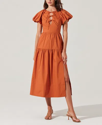 Astr Women's Aine Bow-tie Puff-sleeve Cotton Midi Dress In Brown