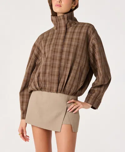 Astr Women's Cooper Funnel Neck Jacket In Brown Plaid