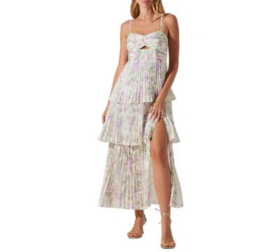 Astr Women's Emmi Printed Pleated Tiered Sleeveless Maxi Dress In Purple Floral Mesh
