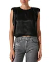 Astr The Label Isola Padded Shoulder Crinkled Satin Top In Black