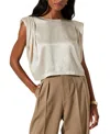 Astr The Label Isola Padded Shoulder Crinkled Satin Top In Cream
