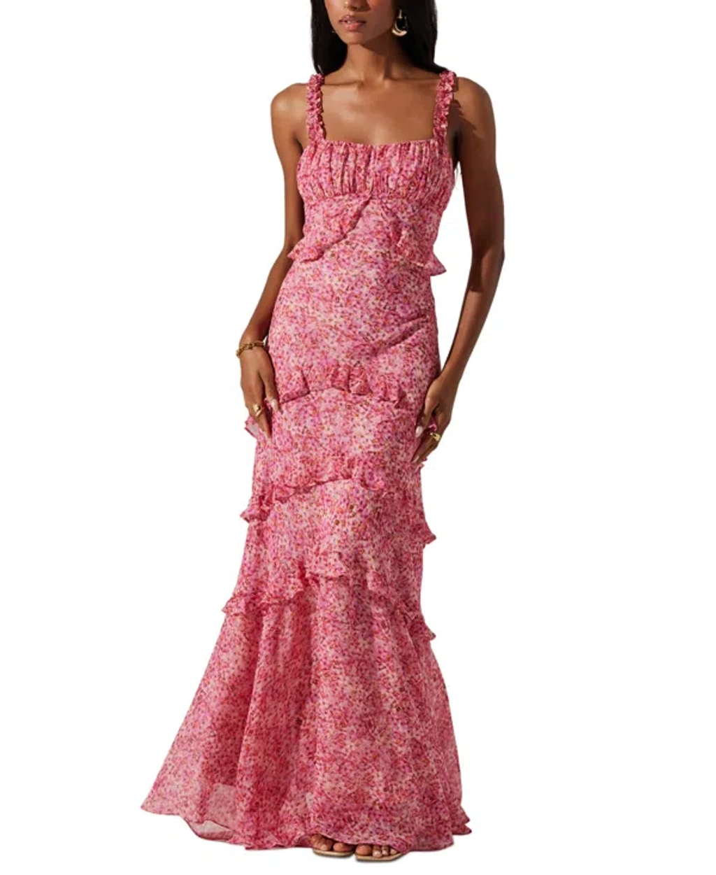 olina dress in pink ditsy Astr Women's Olina Printed Ruffled Sleeveless Maxi Dress In Pink Ditsy