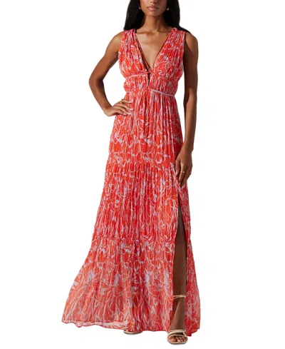 Astr Pescadero Pleated Maxi Dress In Red/orange Abstract In Red Orange
