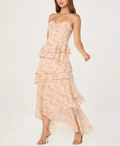 Astr Coline Ruffle Chiffon Maxi Dress In Pink Orange Floral In Gold