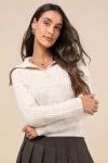 Astr Xanthe Cream Cable Knit Wool-blend Collared Pullover Sweater In White