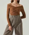 Astr Zayla Crossover Off The Shoulder Rib Sweater In Brown