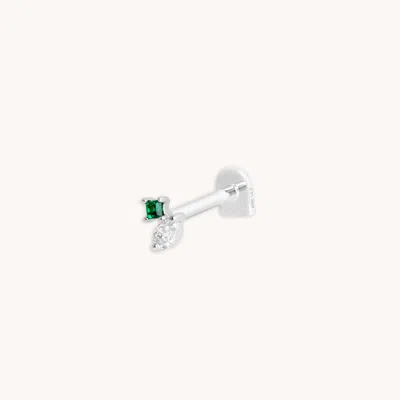 Astrid &amp; Miyu Diamond &amp; Emerald Pear Piercing Stud In Solid White Gold In Metallic