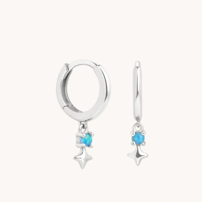 Astrid &amp; Miyu Opal &amp; Star Charm Huggies In 14ct Solid White Gold In Metallic