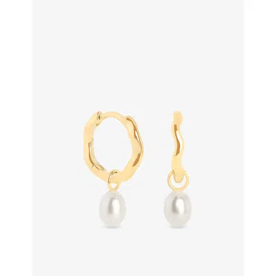 Astrid & Miyu 14ct Solid Gold Wave 14ct Gold And Cultured Pearl Charm Huggie Drop Earrings
