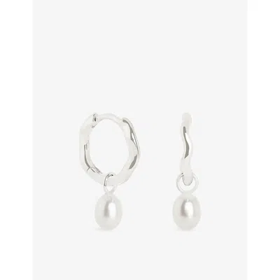 Astrid & Miyu 14ct Solid Wgold Wave 14ct White Gold And Cultured Pearl Charm Huggie Drop Earrings In Gray