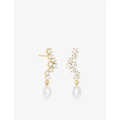 Astrid & Miyu Cluster Ripple 18ct Gold-plated Sterling Silver And Cultured Pearl Drop Stud Earrings In Blue