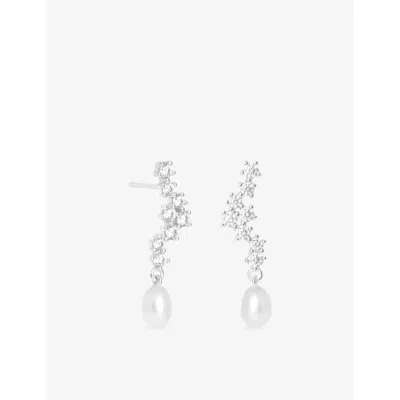 Astrid & Miyu Cluster Ripple Rhodium-plated Sterling Silver And Cultured Pearl Drop Stud Earrings In Metallic