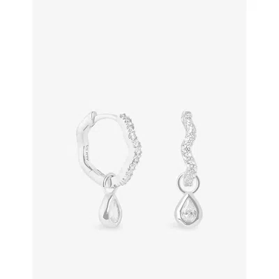 Astrid & Miyu Crystal Ripple Rhodium-plated Sterling Silver Pear Charm Huggie Earrings In White