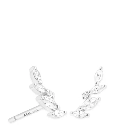 Astrid & Miyu Rhodium-plated Navette Crystal Climber Stud Earrings