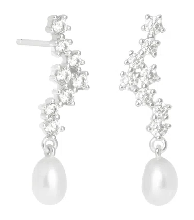 Astrid & Miyu Rhodium-plated, Pearl And Cubic Zirconia Ripple Drop Earrings In Yellow