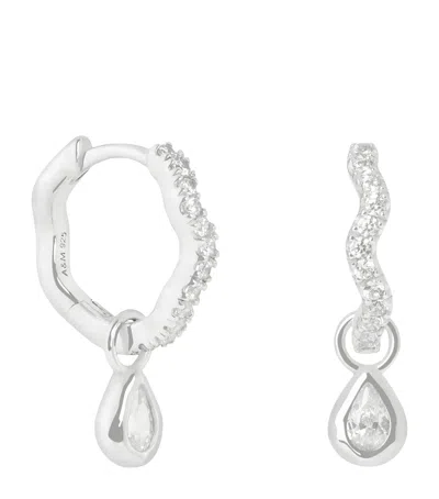 Astrid & Miyu Rhodium-plated Sterling Silver And Cubic Zirconia Ripple Huggie Earrings In Red