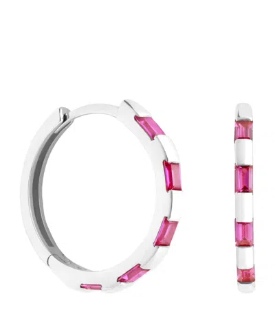 Astrid & Miyu White Gold And Pink Sapphire Baguette Hoop Earrings In Silver