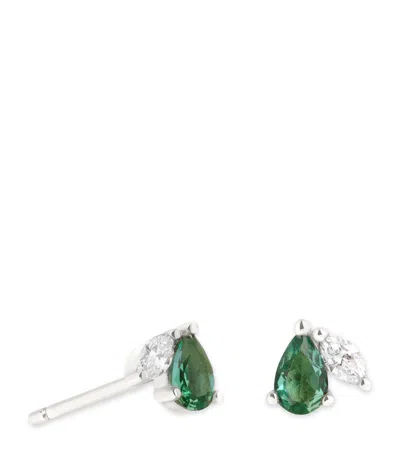 Astrid & Miyu White Gold, Diamond And Emerald Stud Earrings In Metallic