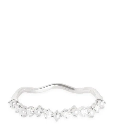 Astrid & Miyu White Gold, Diamond And Pearl Wave Ring In Pattern