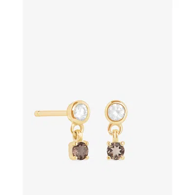 Astrid & Miyu Womens  Charm 14ct Yellow-gold, Lab-grown Diamond And Smokey Quartz Stud Earrings