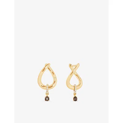 Astrid & Miyu Womens  Molten 14ct Yellow-gold, Lab-grown Diamond And Smokey Quartz Huggies