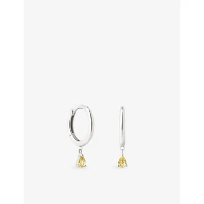 Astrid & Miyu Womens  Pear 14ct White-gold And Lab-grown Yellow-sapphire Drop Huggies In Brown