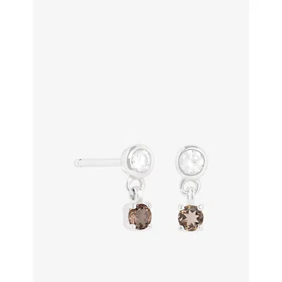 Astrid & Miyu Womens 14ct Solid Wht Gold Charm 14ct White-gold, Lab-grown Diamond And Smokey Quartz Stud Earrings In Gray