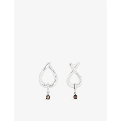 Astrid & Miyu Womens  Molten 14ct White-gold, Lab-grown Diamond And Smokey Quartz Huggies In Metallic