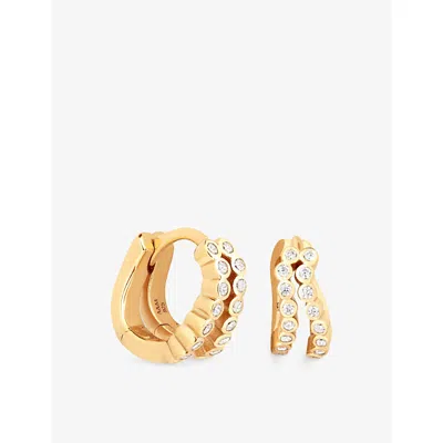 Astrid & Miyu Womens 18ctgoldplatedsilver Bezel Duo 18ct Gold-plated Sterling Silver And Opal Huggie Hoop Earrings