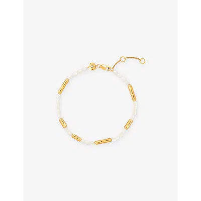 Astrid & Miyu Womens 18ctgoldplatedsilver Pearl Molten 18ct Yellow-gold Plated Sterling-silver And Pearl Bracelet