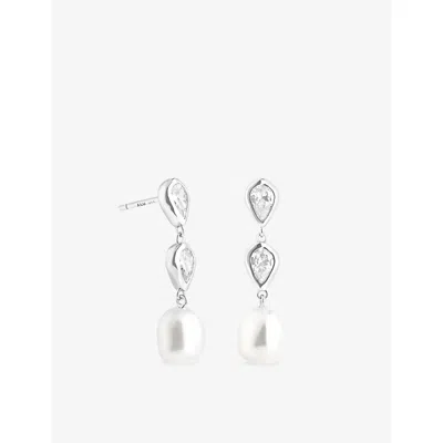 Astrid & Miyu Womens Rhodium P Silver Pear Bezel Pearl Rhodium Plated Sterling-silver And Cubic Zirconia Drop Earr