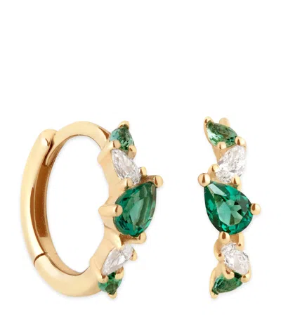 Astrid & Miyu Yellow Gold, Diamond And Emerald Marquise Huggies In Brown