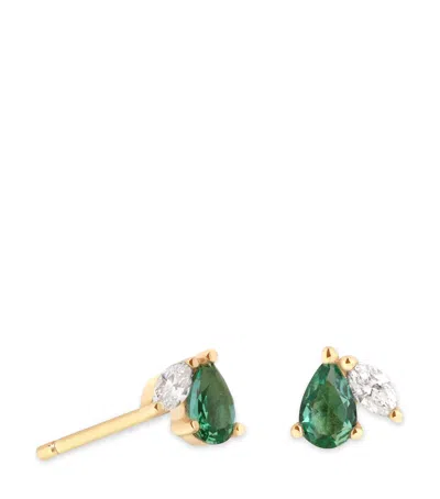 Astrid & Miyu Yellow Gold, Diamond And Emerald Stud Earrings