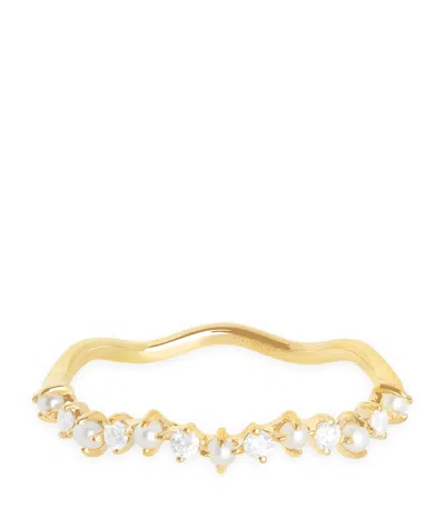 Astrid & Miyu Yellow Gold, Diamond And Pearl Wave Ring In Neutral