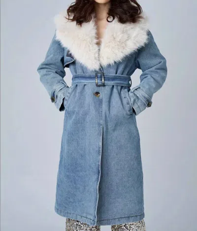 Astrid Denim Fur Collar Trench Coat In Blue