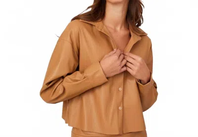 Astrid Faux Leather Button Front Shirt In Camel In Multi