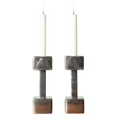 Pre-owned Astrid Fog Pewter Candlesticks By  For Just Andersen, Denmark, 1960s In Gray