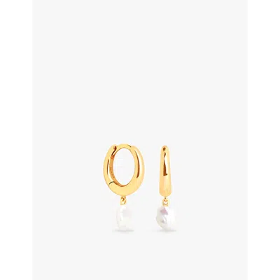 Astrid & Miyu Pearl Charm Rhodium-plated Recycled Sterling-silver And Freshwater-pearl Huggie Hoop Earrings In 18ct Gold